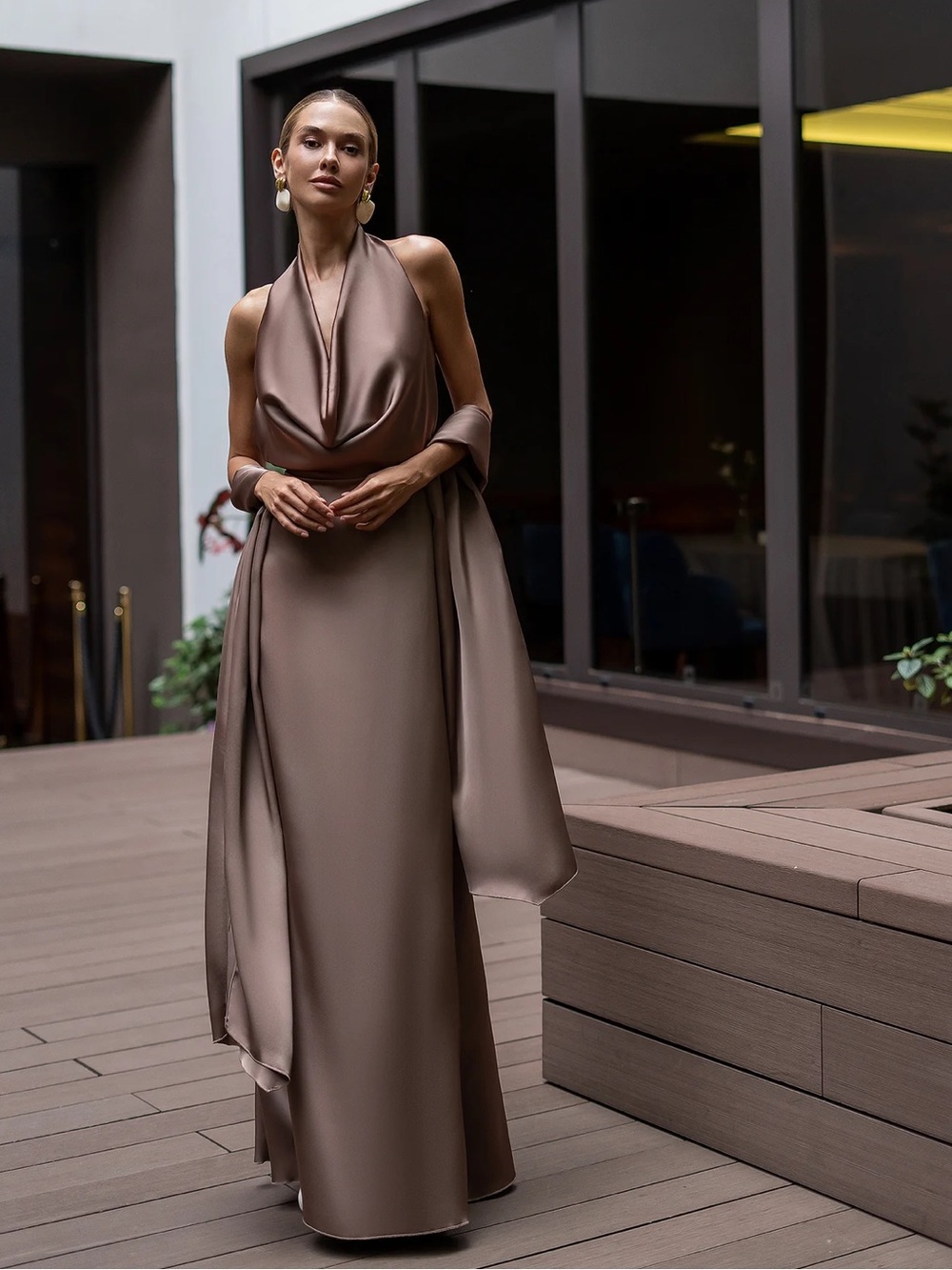 Elagia Celine Satin Gown with Scarf